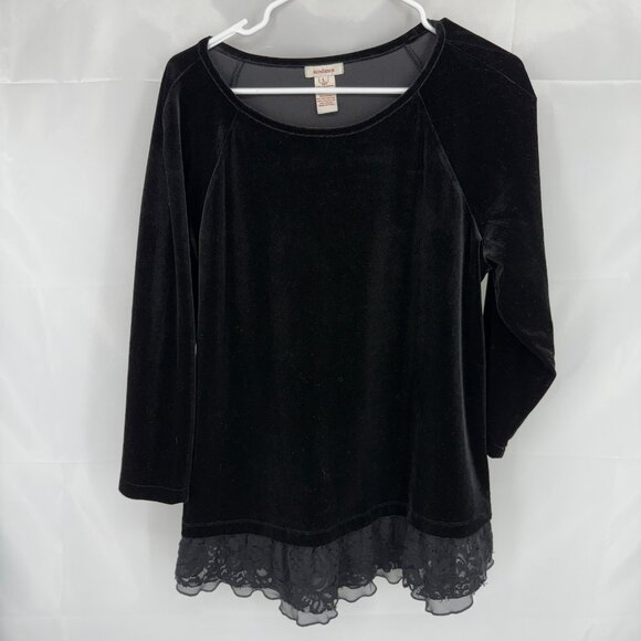 Sundance Women L Grace Shirt Velvet 3/4 Sleeve Soft Black Velour Lace Trim - Picture 1 of 8